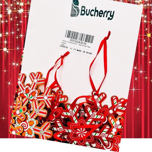 Christmas Wooden Snowflake Ornaments With Red Hanging Ribbon 24pc By BUCHERRY - Picture 2 of 4